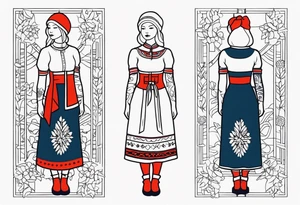 A tattoo design of a girl in the Norwegian national dress. Linework only, full body tattoo idea