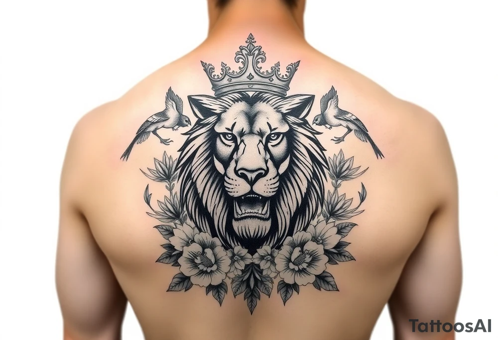 powerful majestic lion with a crown, surrounded by floral ornaments and birds tattoo idea