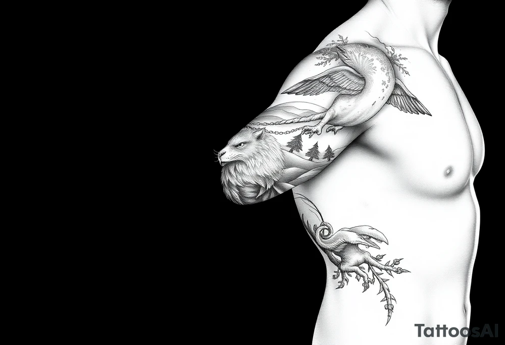 Create a scenic nature half sleeve for a man. Add lots of details including animals. tattoo idea