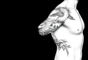 Create a scenic nature half sleeve for a man. Add lots of details including animals. tattoo idea