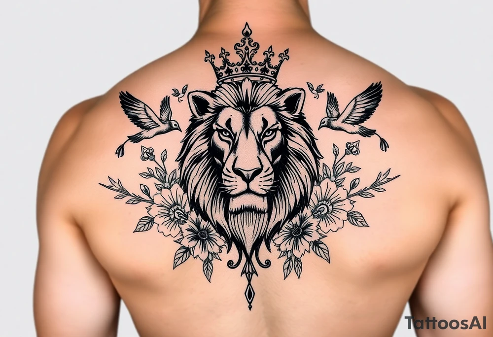 powerful majestic lion with a crown, surrounded by floral ornaments and birds tattoo idea