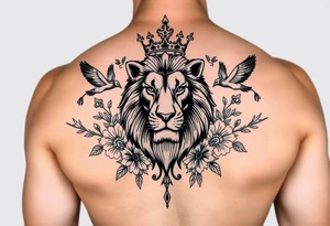 powerful majestic lion with a crown, surrounded by floral ornaments and birds tattoo idea