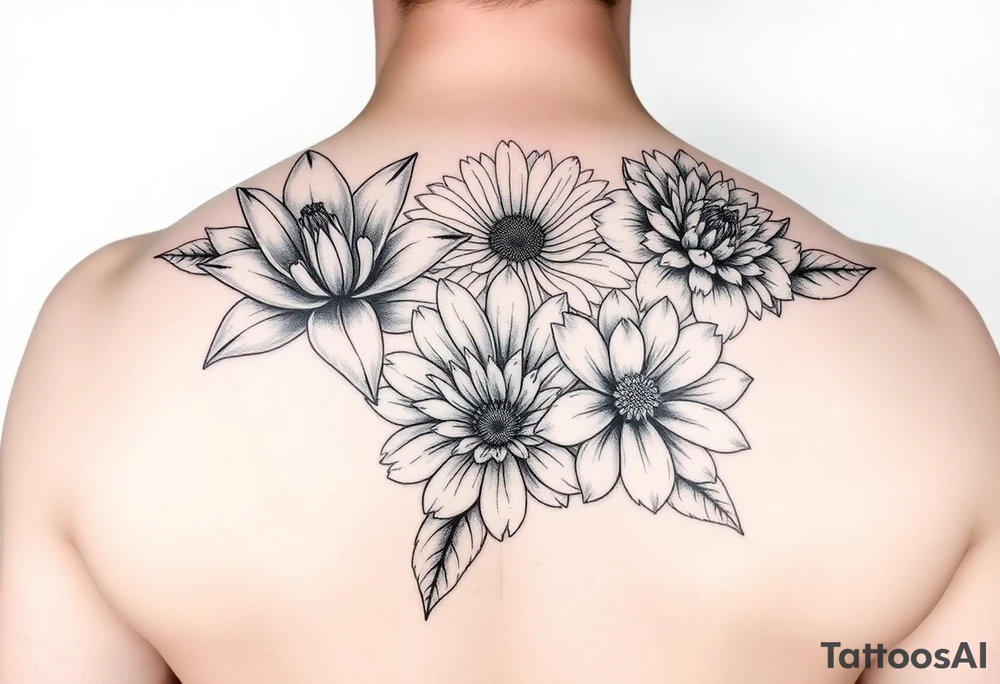 Water lily daisy carnation and chrysanthemum tattoo idea