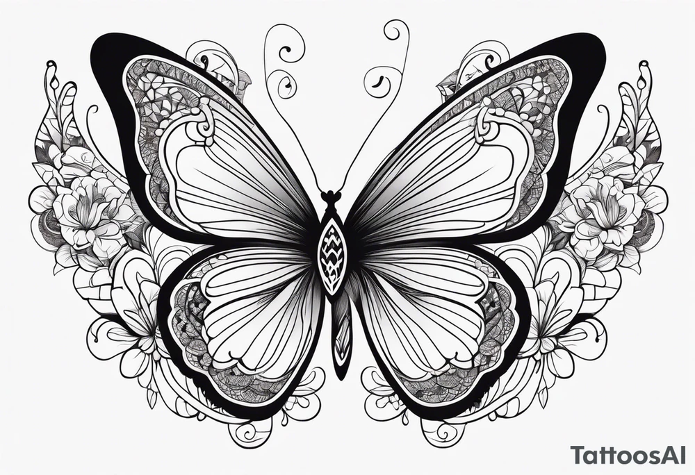 Minimalist butterfly with gently curved wings, adorned with delicate lace-like patterns and subtle floral accents, emphasizing simplicity and elegance. tattoo idea