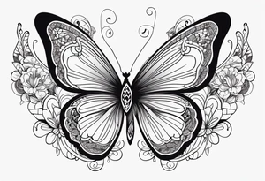 Minimalist butterfly with gently curved wings, adorned with delicate lace-like patterns and subtle floral accents, emphasizing simplicity and elegance. tattoo idea