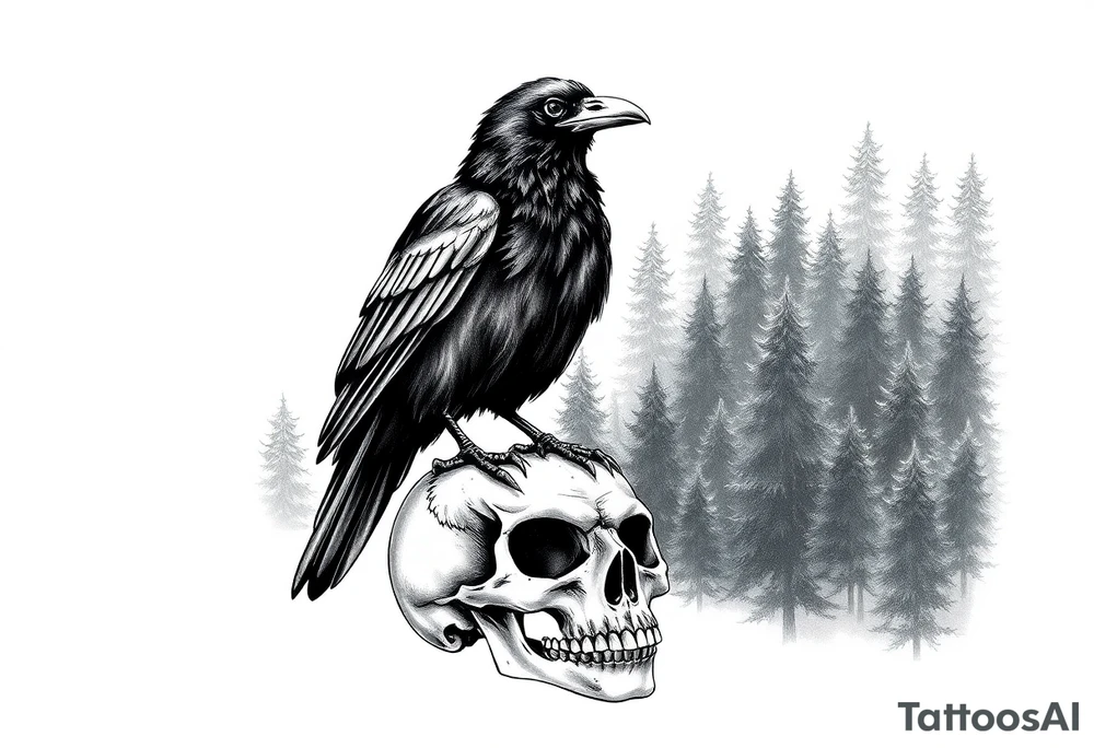a raven stands on a skull, a forest in the background. tattoo idea