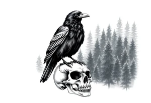 a raven stands on a skull, a forest in the background. tattoo idea