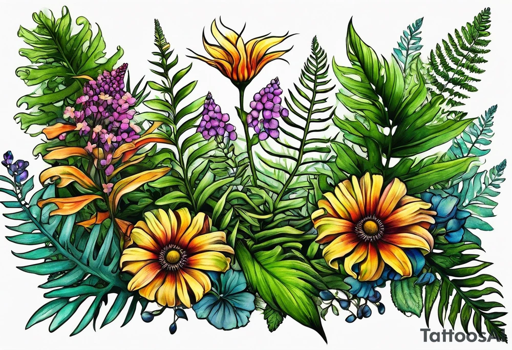mixed wildflower with ferns and with color tattoo idea