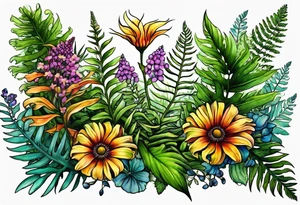mixed wildflower with ferns and with color tattoo idea