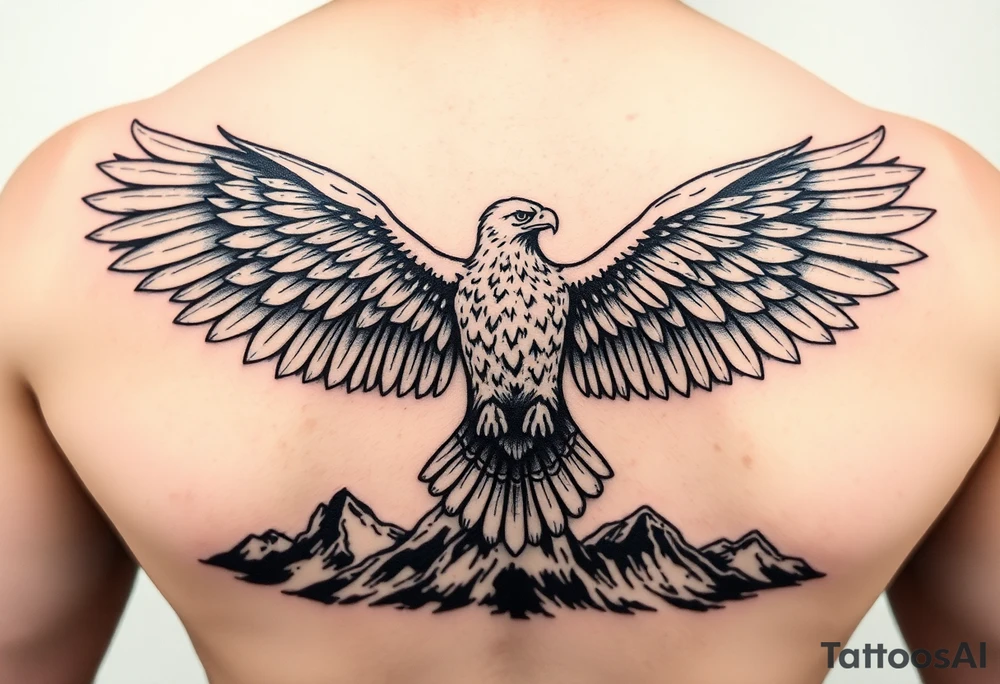 majestic eagle spreading wings against mountain peaks tattoo idea