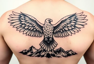 majestic eagle spreading wings against mountain peaks tattoo idea