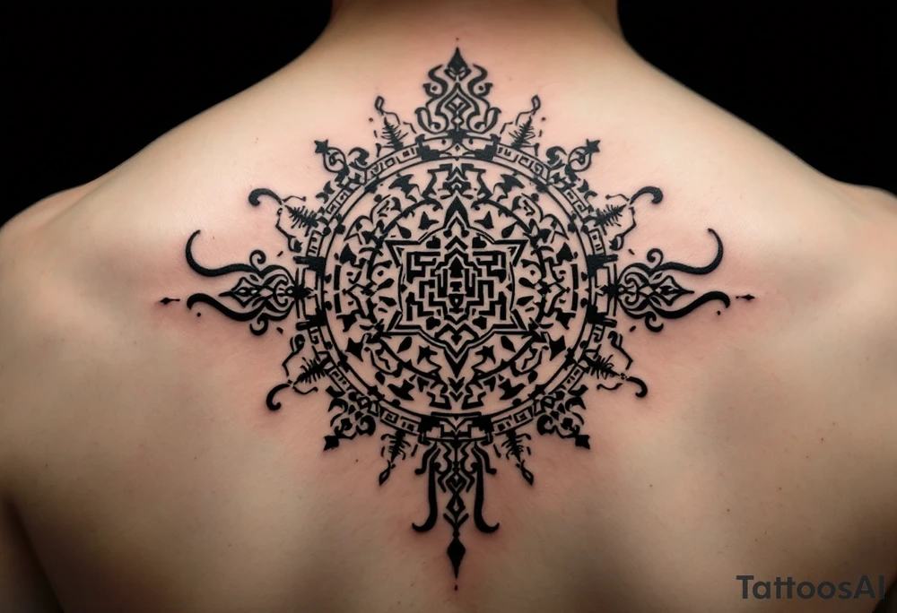 A Sak Yant tattoo features intricate geometric patterns and sacred script arranged symmetrically, often combining a central yantra design with surrounding lines of ancient Khmer prayers and animal or deity motifs for spiritual protection and power. tattoo idea