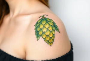 A detailed hop cone with deep green and golden hues, wrapped in barley stalks, symbolizing the essence of brewing tattoo idea