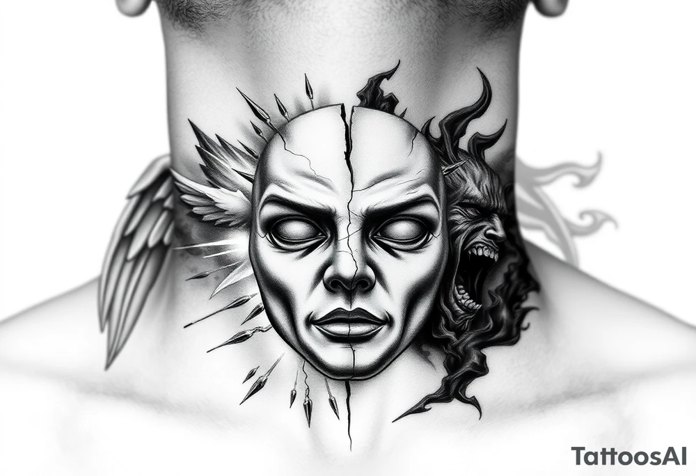 Realistic black and grey neck tattoo design. In the center of the throat, a human mask made of cracked stone or porcelain with natural facial features. The mask is breaking apart from the pressure of both sides — a screaming angel on the left and a screaming demon on the right. From the cracks on the angel’s side, soft white and blue light emerges; from the demon’s side, dark smoke and shadow flow out. The mask’s fragments slightly detach, revealing inner light and darkness mixing at the center. Highly detailed realism with strong contrast, fine shading, emotional and symbolic atmosphere, representing the true self shattered by the inner battle between good and evil. tattoo idea