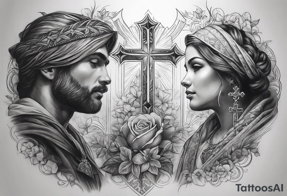 long sleeve tattoo about Christianity, family and the love of life tattoo idea
