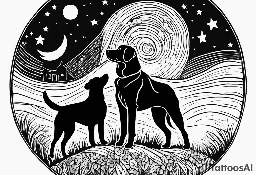A silhouette of a labrador retriever, a german shephard, a beagle, and an adult human male, looking up at a night sky in the style of Van Gogh Starry Night. Must be narrow and tall to fit on an upper arm. tattoo idea