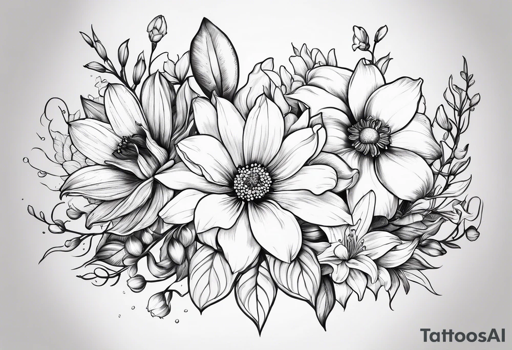 Minimalist Two roses, two daisies, one daffodil, one chrysanthemum, one gladiolus, one lily of the valley tattoo idea