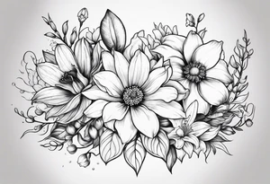 Minimalist Two roses, two daisies, one daffodil, one chrysanthemum, one gladiolus, one lily of the valley tattoo idea