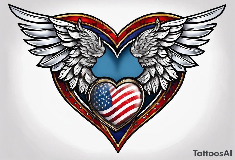 Flag inside of a heart with wings tattoo idea