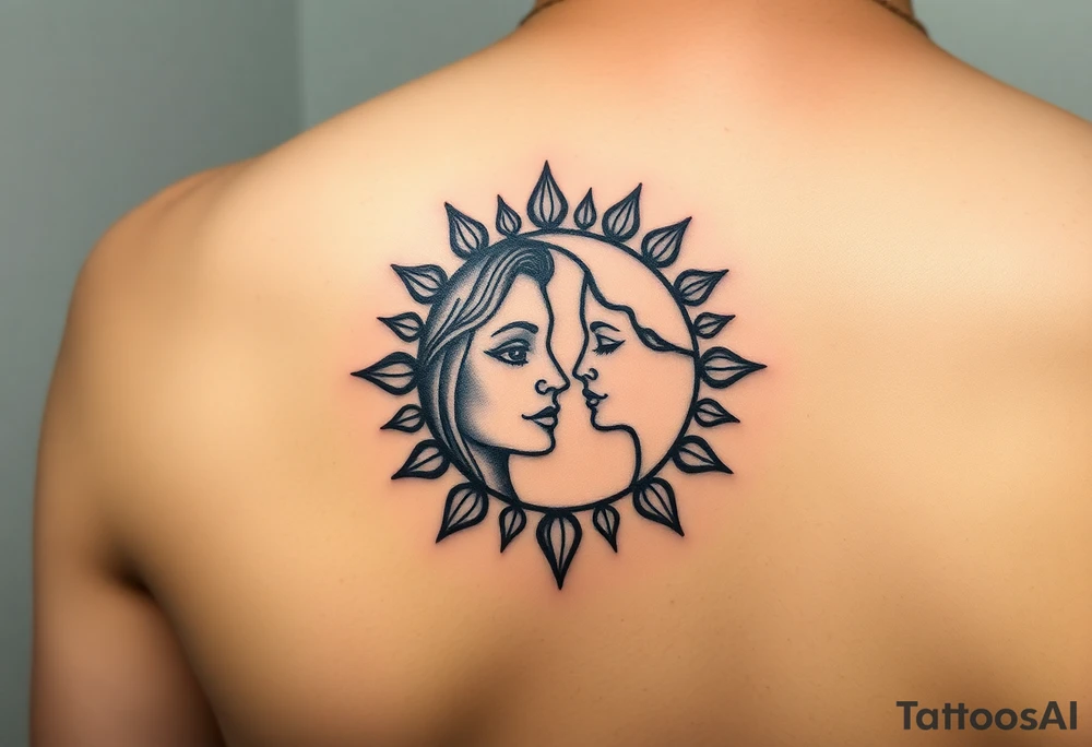 sun and moon with female faces together tattoo idea
