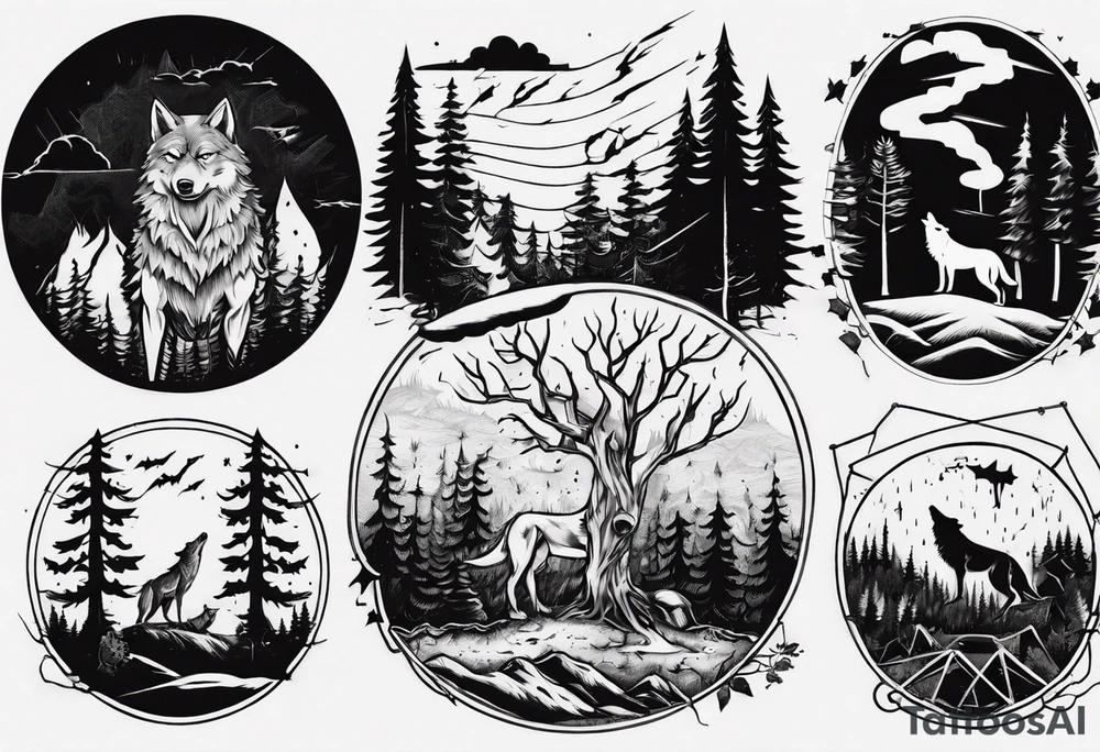 a thunder and lightning storm over a forest with a distant wolf howling and a drums tattoo idea a thunder and lightning storm over a forest with a distant wolf howling and a drums tattoo idea