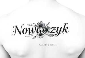 The word "Nowaczyk" with three flowers on the lower tricep tattoo idea