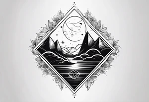 thick line art of space and nature in diamond shape tattoo idea