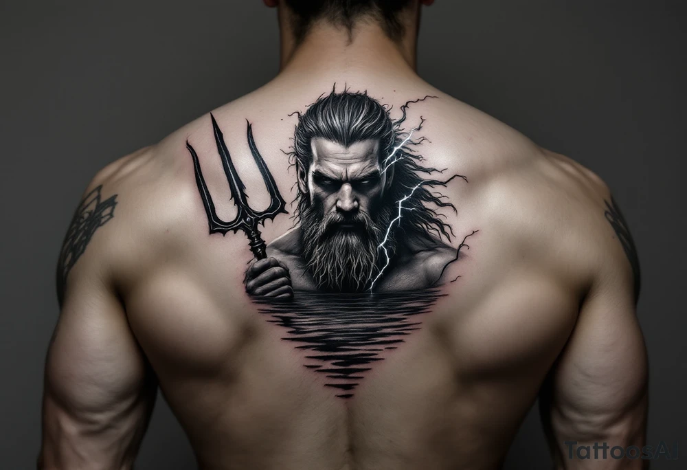 fit poseidon, behind a trident, with lightning, in calm water tattoo idea