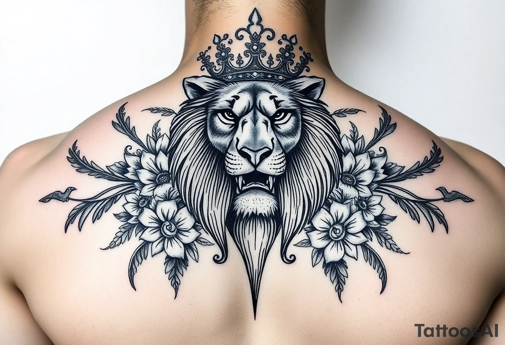 powerful majestic lion with a crown, surrounded by floral ornaments and birds tattoo idea