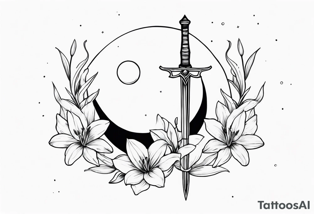 Moon , sword , lilies tattoo idea
