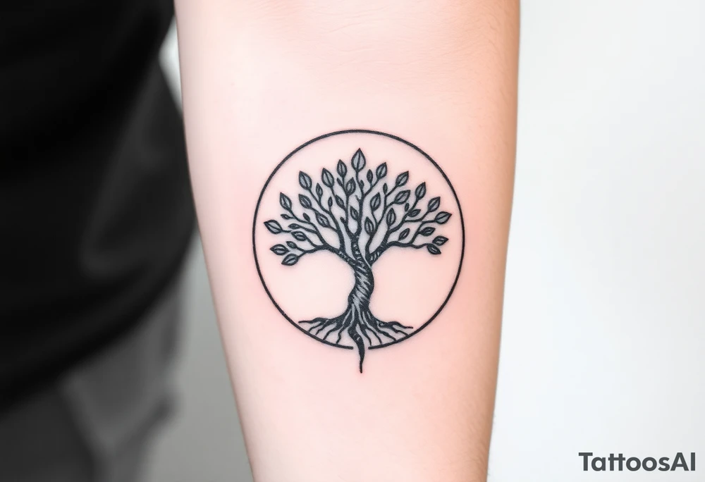 Tree with few leaves, encircled in a circle, with a line starting from the roots, and spiraling outward in a 
clockwise direction tattoo idea