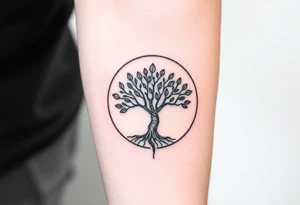 Tree with few leaves, encircled in a circle, with a line starting from the roots, and spiraling outward in a 
clockwise direction tattoo idea