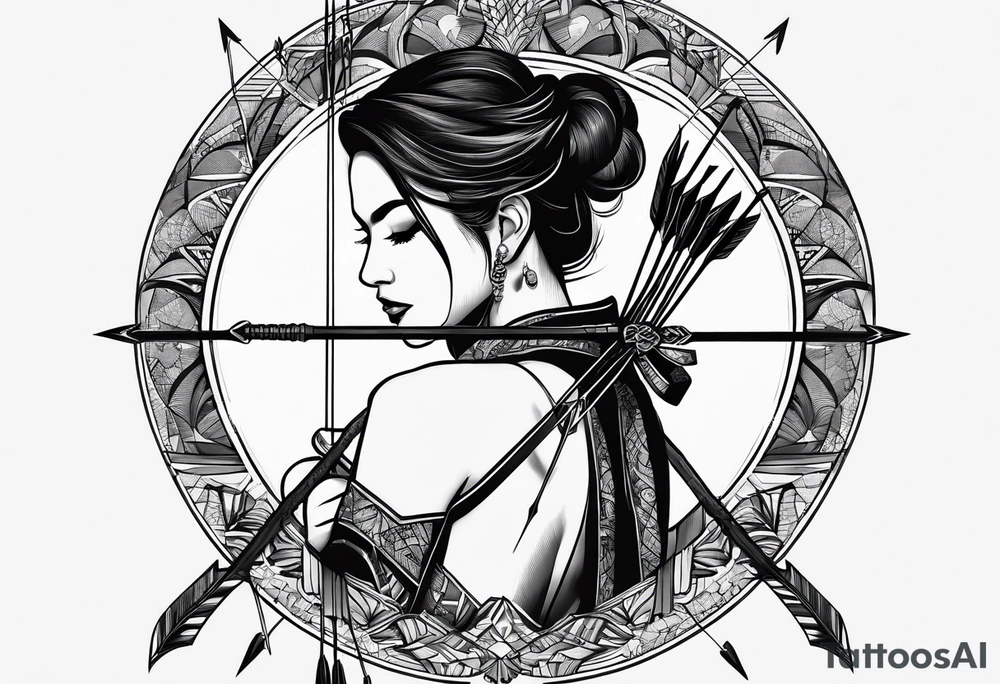 A loaded bow with 2 arrows. minimalist and clean, even abstract. tattoo idea