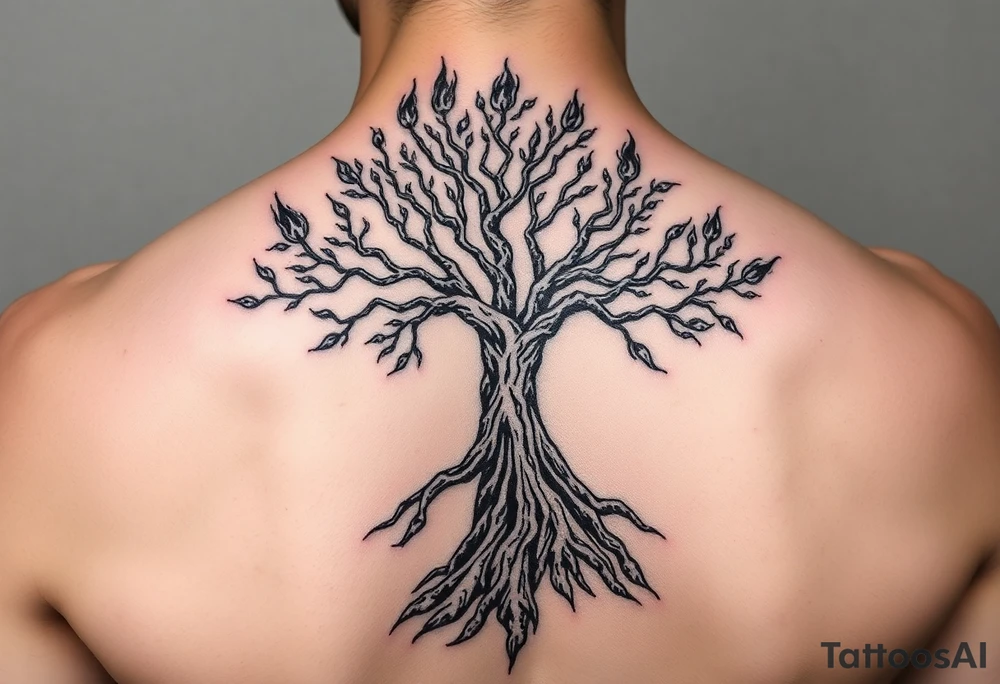 burning tree of life with firerms scattered ad ude woman tattoo idea