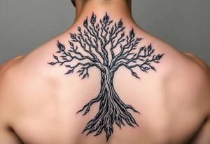 burning tree of life with firerms scattered ad ude woman tattoo idea