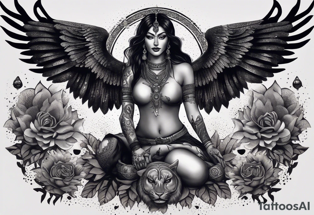 black kali, goddess pirate, alien, angel, pachamama, valkrye, warrior, flying, skull, lotus azul, wing, eagle, zenza resonance, stars, 5D, anahata chakra, death, durga, riding on a tiger, flying lady, kundalini, chest tatoo, samuri, rebel,s erpent tattoo idea