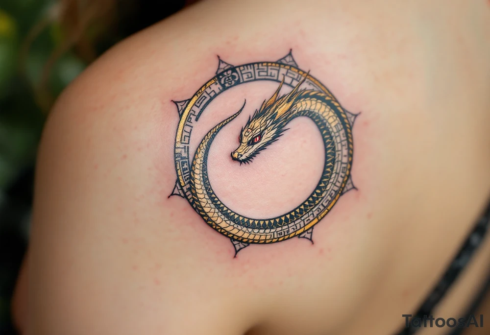 A golden dragon Ouroboros snake forming cyrcle with ruby eyes, its body covered in ancient markings, resembling a divine entity. tattoo idea