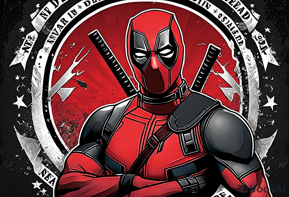 Banner with Text: A worn, dark banner wraps around Deadpool with the phrase "NEVER DEAD" in bold, cracked letters that give a strong and aggressive impression. The banner has small torn details, as if it’s been through rough conditions, with shading that adds depths. tattoo idea