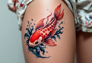 A crimson red koi fish swimming upstream with blue water waves, symbolizing perseverance and strength. tattoo idea