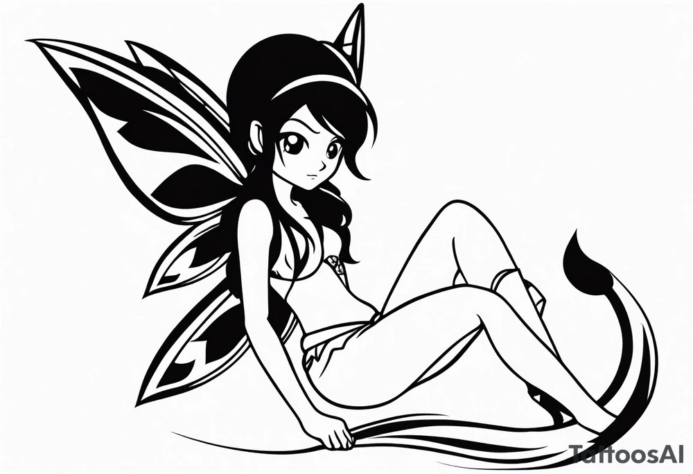 A fairy with a tail inspired by the logo of the show called Fairy Tail in a fetal position leaning in tattoo idea