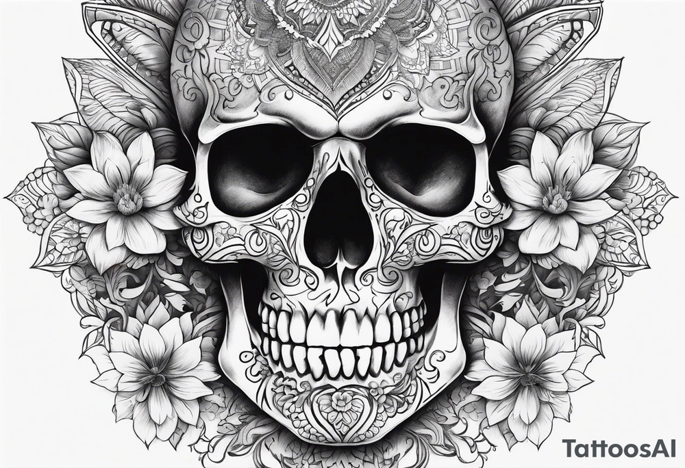 Draw me a realistic skull with big smoke out of his mouth add some flowers underneath with some mandalas Down under it tattoo idea