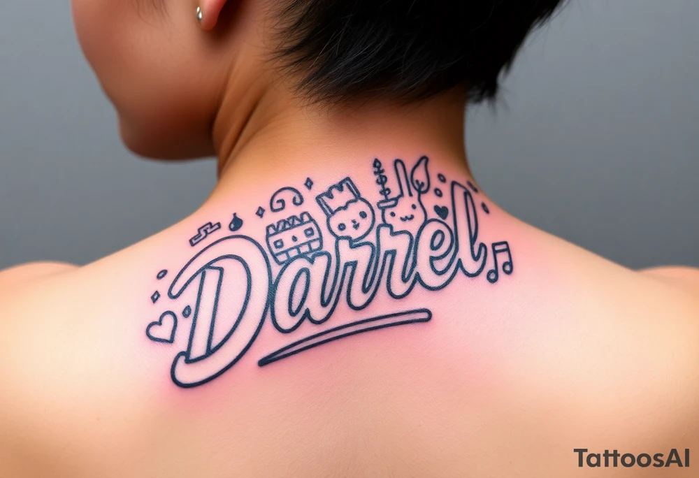 Feminine tattoo, neon colors, "Darrell" with lots of whimsical background tattoo idea