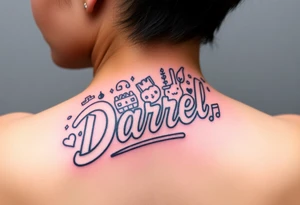 Feminine tattoo, neon colors, "Darrell" with lots of whimsical background tattoo idea
