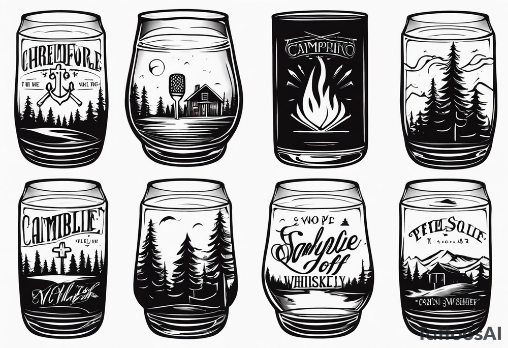cross, campfire, golf , whiskey glass, cabin tattoo idea
