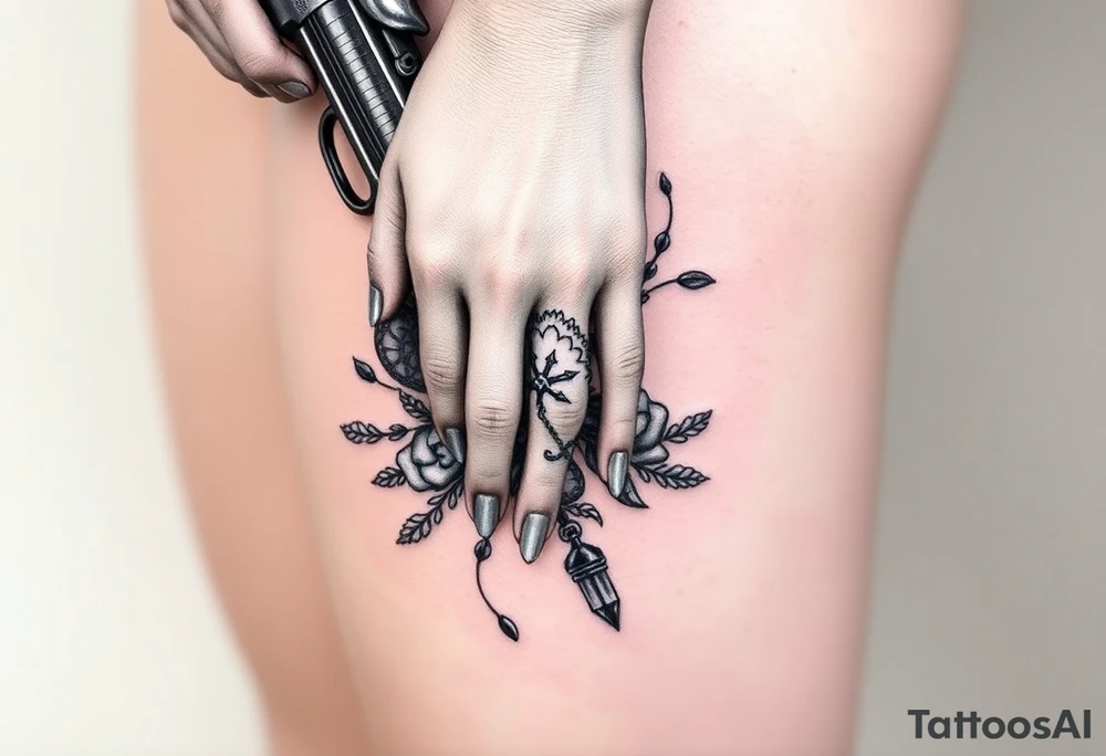 Feminine hand with gun, lace, compass and lipstick tattoo idea