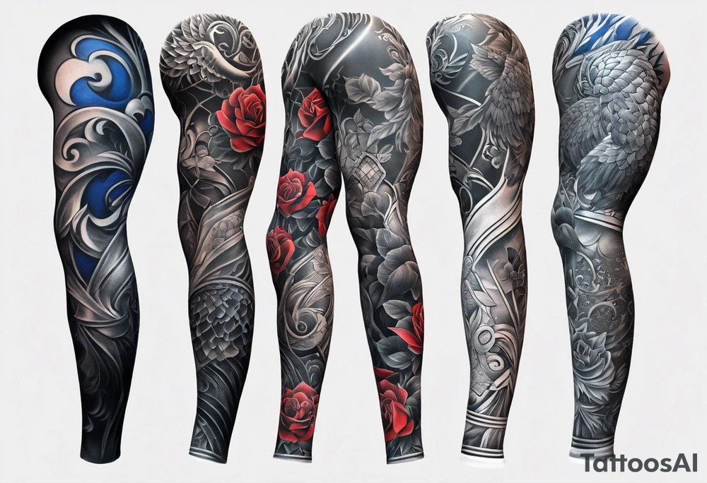 Full Arm sleeve, black, gray, silver, red, royal blue tattoo idea