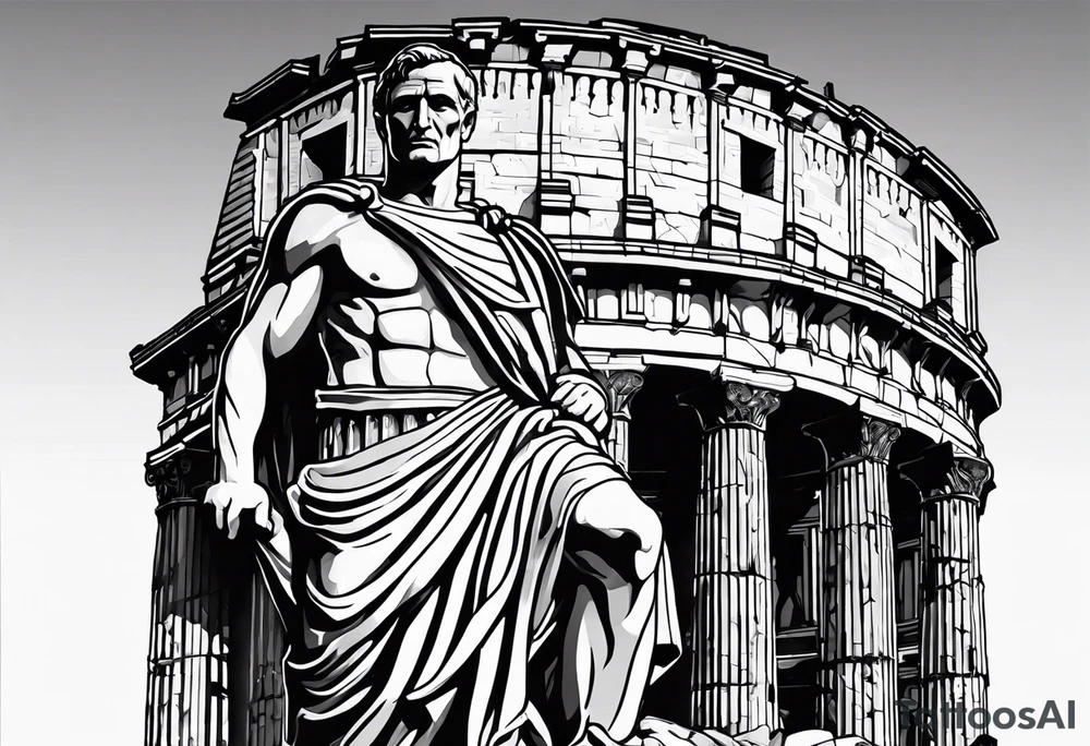 Julius Caesar statue in front of the Roman colosseum tattoo idea