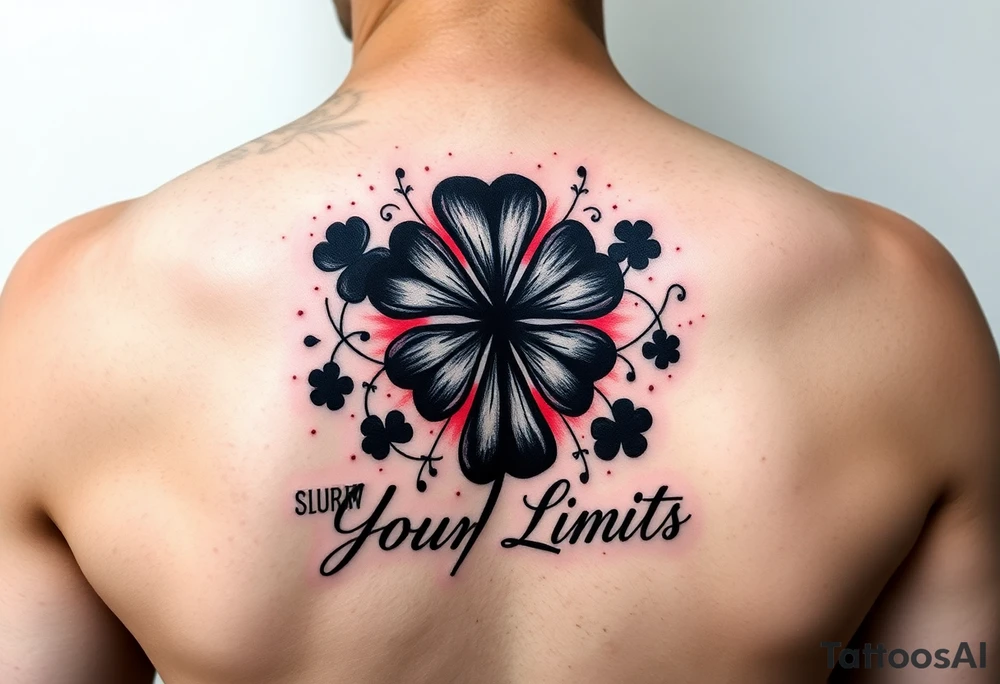 Black 5 leaf clovers ( with red aura ) surrounding the words “ Surpass Your Limits” FOREARM tattoo inspired by Black Clover anime tattoo idea