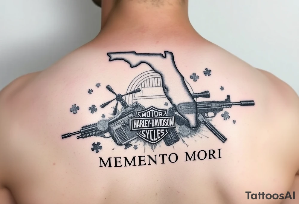 futuristic memory tattoo for passed boyfriend; Florida, gulf coast water, Harley Davidson, skateboarding, puzzle pieces, video games, heaven, god, outdoors, guns, disc golf, words "MEMENTO MORI" tattoo idea