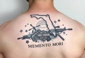 futuristic memory tattoo for passed boyfriend; Florida, gulf coast water, Harley Davidson, skateboarding, puzzle pieces, video games, heaven, god, outdoors, guns, disc golf, words "MEMENTO MORI" tattoo idea